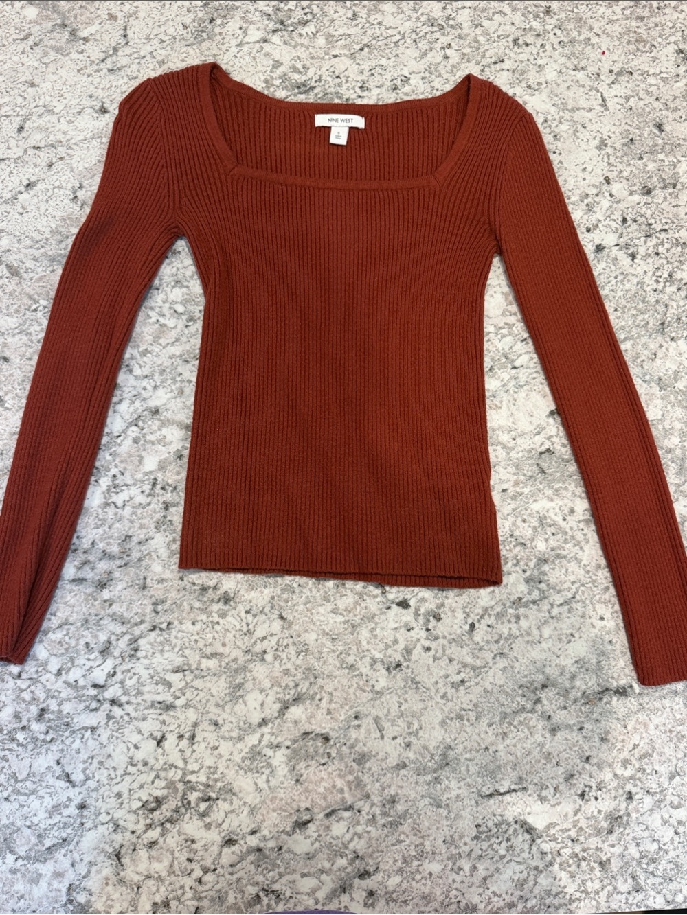 Nine West Rust Ribbed Square-Neck Slim Sweater